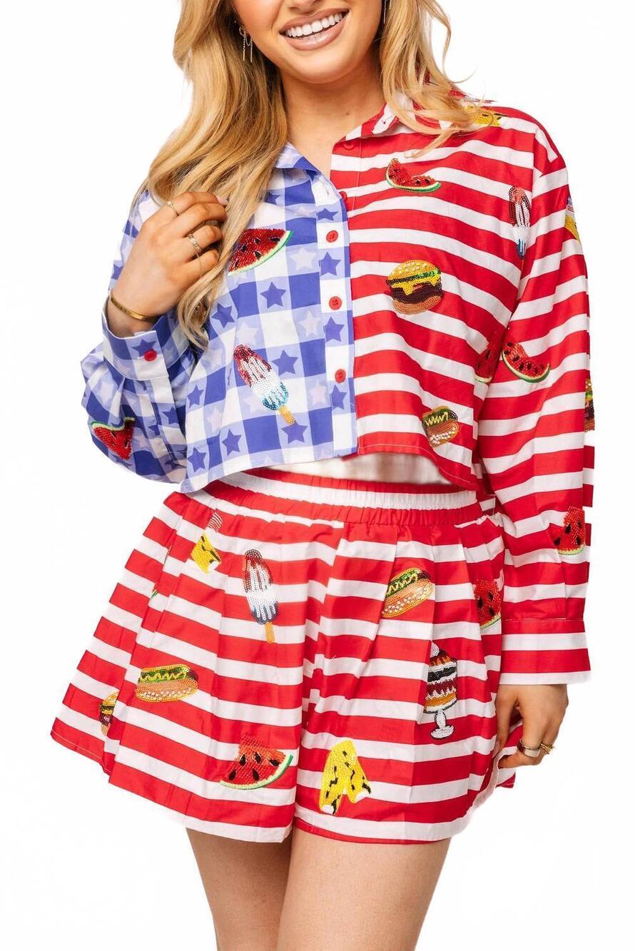 NEW QUEEN OF SPARKLES usa picnic food top in red and blue colorblock